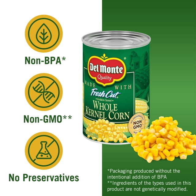 Del Monte Canned Golden Sweet Whole Kernel Corn, Shelf-Stable Non Gmo 15.25 oz Can